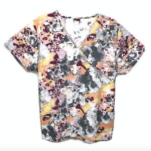 Sz Large Muted Floral Butterfly Nurse Scrub Shirt